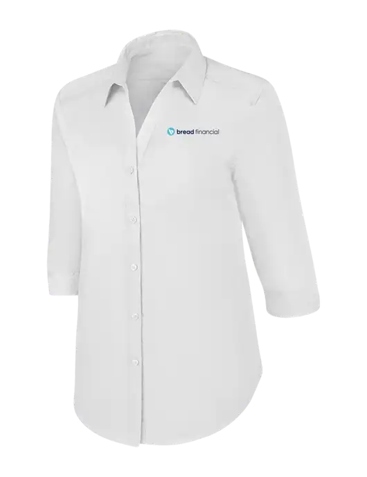 Womens White 3/4 Sleeve Carefree Poplin Shirt w/Bread Financial Logo