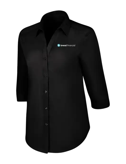 Womens Black 3/4 Sleeve Carefree Poplin Shirt w/Bread Financial Logo
