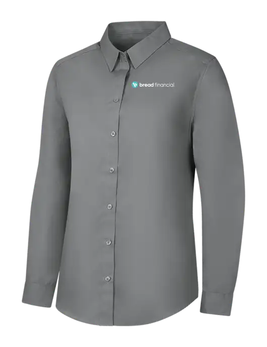 Womens Medium Grey Long Sleeve Carefree Poplin Shirt w/Bread Financial Logo