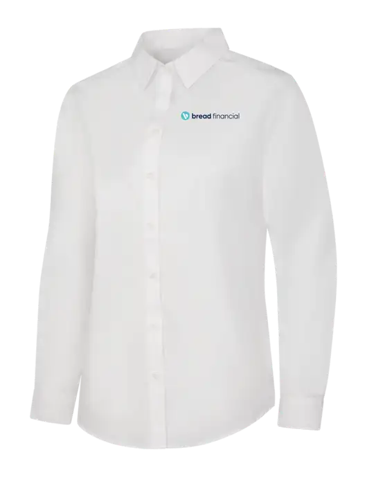 Womens White Long Sleeve Carefree Poplin Shirt w/Bread Financial Logo