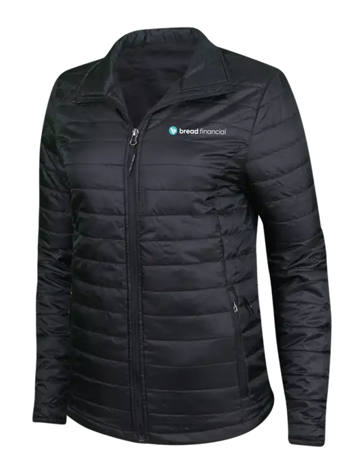 Womens Black Puffy Packable Jacket w/Bread Financial Logo