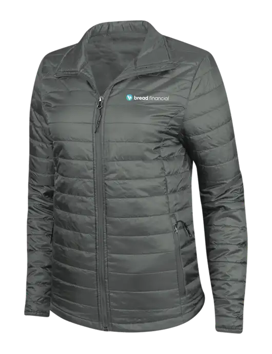 Dark Grey Womens Puffy Packable Jacket w/Bread Financial Logo