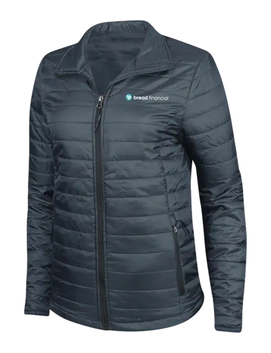 Navy Womens Puffy Packable Jacket w/Bread Financial Logo