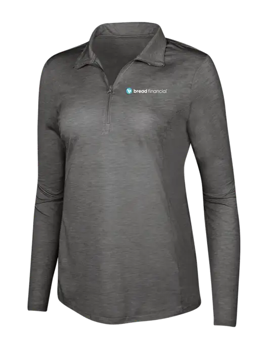 Dark Grey Heather Womens Posicharge Tri-Blend Wicking 1/4 Zip Pullover w/Bread Financial Logo