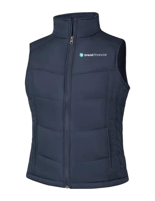  Womens Dark Slate/Black Puffy Vest w/Bread Financial Logo