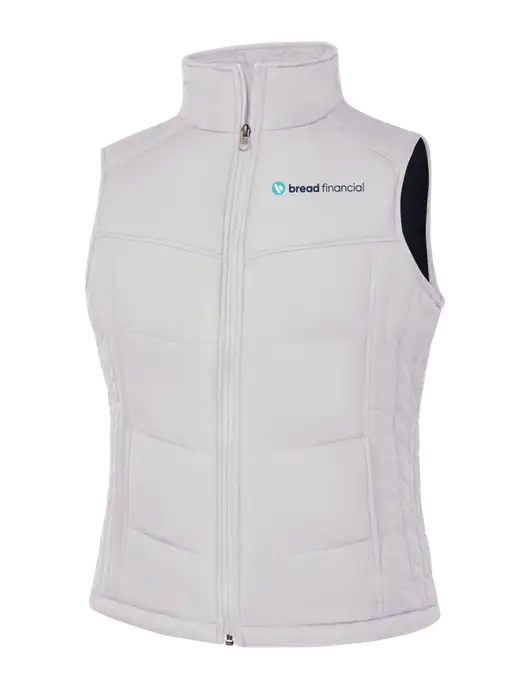 Womens White/Dark Slate Puffy Vest w/Bread Financial Logo