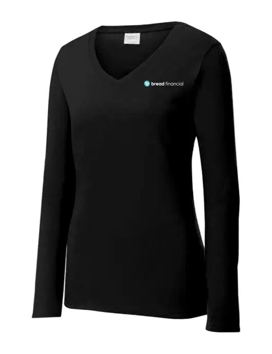 Womens V-Neck Ring Spun Jet Black 4.5 oz Long Sleeve T-Shirt w/Bread Financial Logo