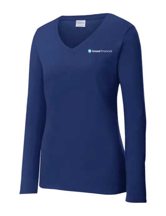 Womens  V-Neck Ring Spun Navy 4.5 oz Long Sleeve T-Shirt w/Bread Financial Logo