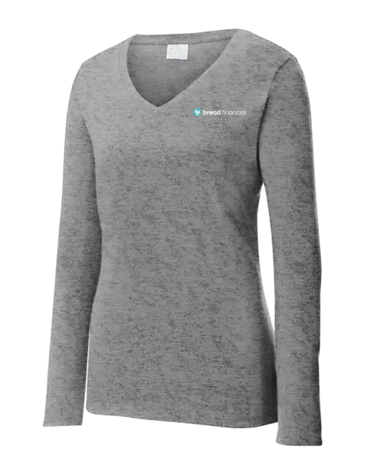 Womens  V-Neck Ring Spun Grey Heather 4.5 oz Long Sleeve T-Shirt w/Bread Financial Logo