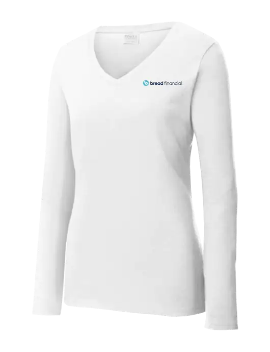 Womens  V-Neck Ring Spun White 4.5 oz Long Sleeve T-Shirt w/Bread Financial Logo