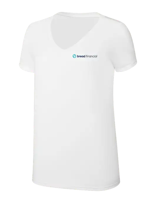 Womens Simply Soft V-Neck White 4.5oz  Poly/Combed Ring Spun Cotton T-Shirt w/Bread Financial Logo
