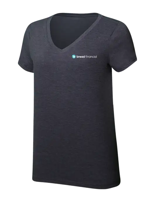 Womens Simply Soft V-Neck Heather Charcoal 4.5oz  Poly/Combed Ring Spun Cotton T-Shirt w/Bread Financial Logo