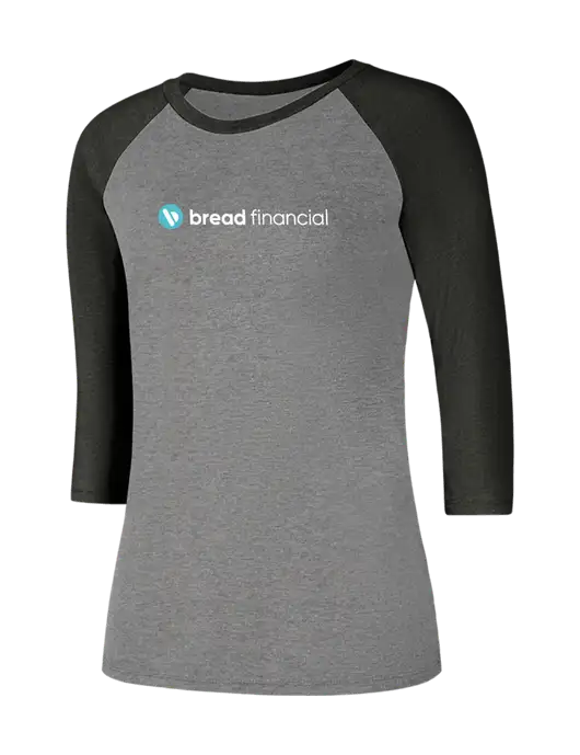 Womens Simply Soft 3/4 Sleeve Black Frost/Grey Frost Ring Spun Cotton T-Shirt w/Bread Financial Logo