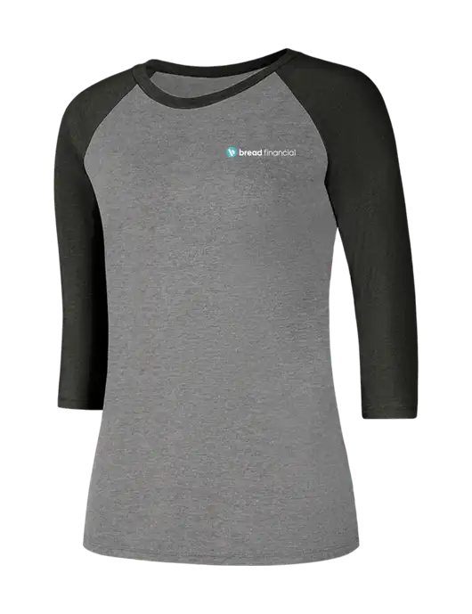 Womens Simply Soft 3/4 Sleeve Black Frost/Grey Frost Ring Spun Cotton T-Shirt w/Bread Financial Logo