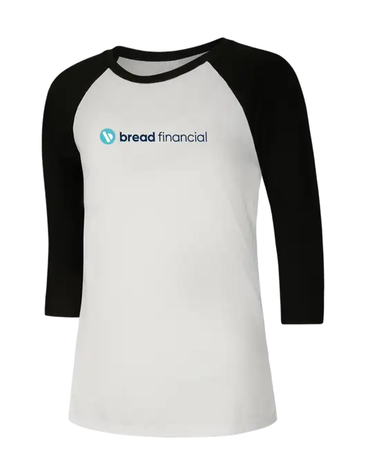 Womens Simply Soft 3/4 Sleeve Black/White Ring Spun Cotton T-Shirt w/Bread Financial Logo
