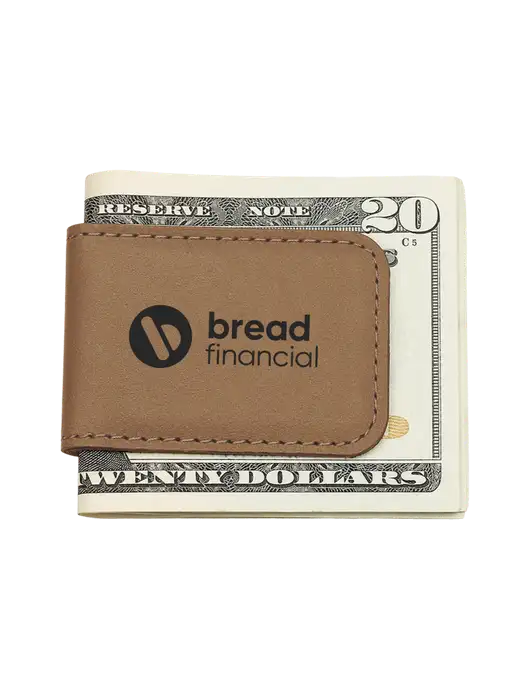 Tan Leatherette Money Clip w/Bread Financial Logo