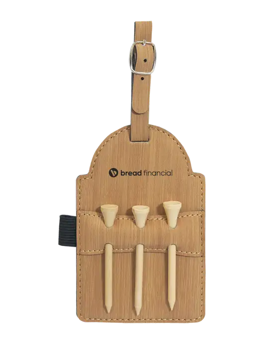 Bamboo Leatherette Golf Bag Tag with 3 Wooden Tees w/Bread Financial Logo