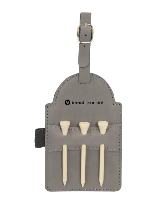 Grey Leatherette Golf Bag Tag with 3 Wooden Tees w/Bread Financial Logo