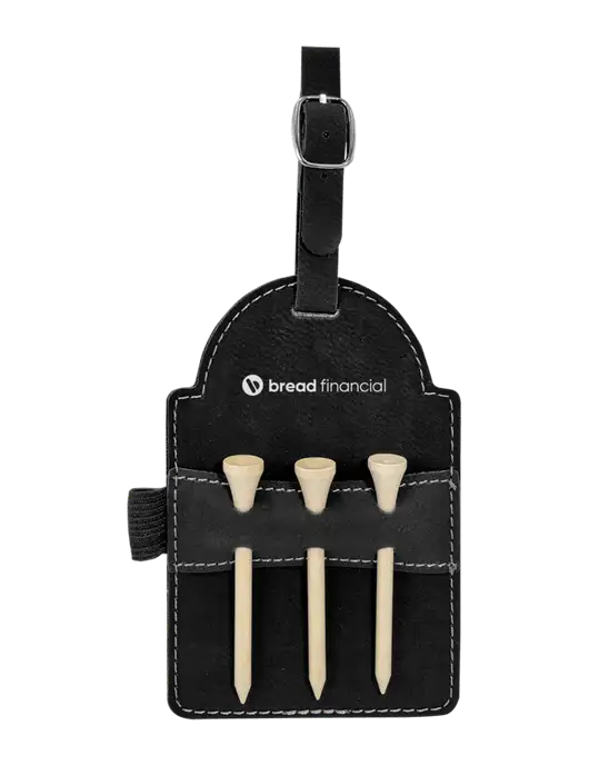 Black Leatherette Golf Bag Tag with 3 Wooden Tees w/Bread Financial Logo