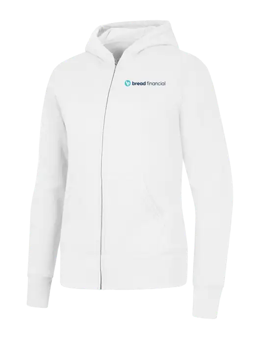 White Womens Core Fleece Full-Zip Hooded Sweatshirt w/Bread Financial Logo