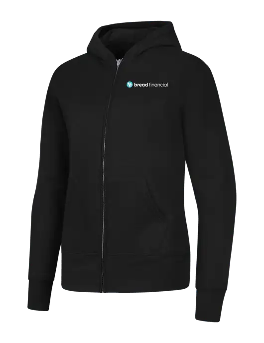 Jet Black Womens Core Fleece Full-Zip Hooded Sweatshirt w/Bread Financial Logo