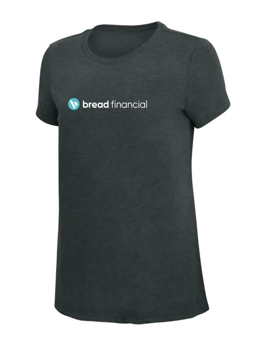 Womens Simply Soft Black Frost 4.5oz Poly/Combed Ring Spun Cotton T-Shirt w/Bread Financial Logo
