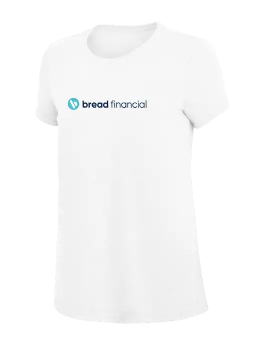 Womens Simply Soft White 4.5oz Poly/Combed Ring Spun Cotton T-Shirt
 w/Bread Financial Logo