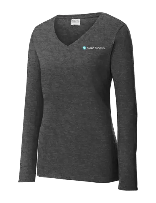 Womens  V-Neck Ring Spun Dark Heather Grey 4.5 oz Long Sleeve T-Shirt w/Bread Financial Logo