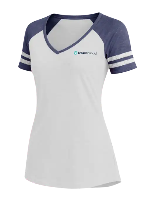 Womens White/Navy Heather V-Neck Game Tee w/Bread Financial Logo