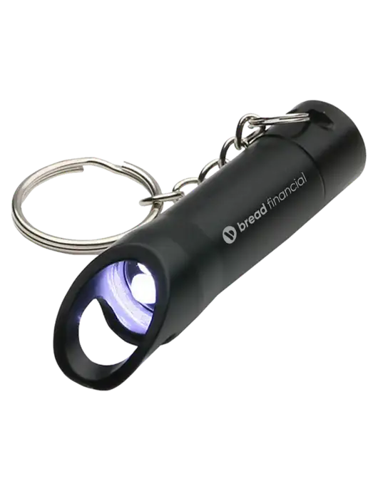 Black Pocket LED Flashlight with Bottle Opener & Keychain w/Bread Financial Logo
