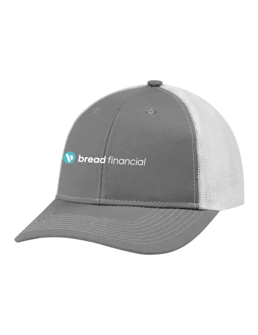 Snapback Ponytail Trucker Cap Light Medium Heather Grey w/White Mesh w/Bread Financial Logo