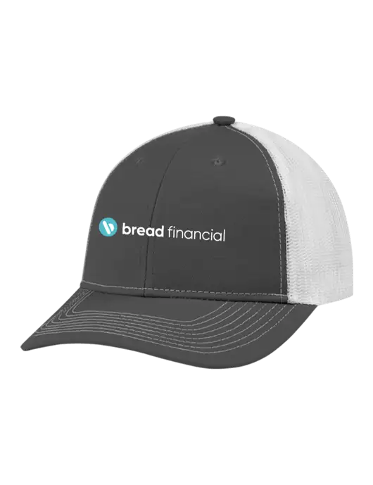 Snapback Ponytail Trucker Cap Dark Grey w/White Mesh w/Bread Financial Logo