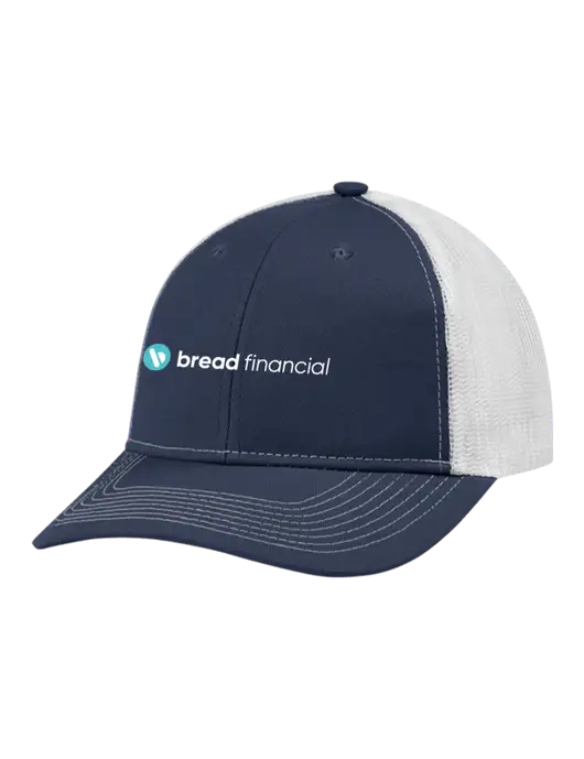 Snapback Ponytail Trucker Cap Navy w/White Mesh w/Bread Financial Logo