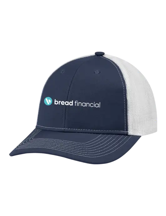 Snapback Ponytail Trucker Cap Navy w/White Mesh w/Bread Financial Logo