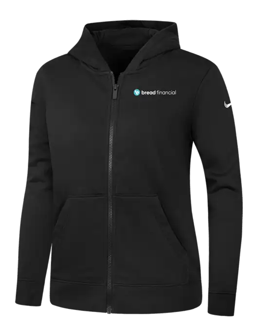 Nike Womens Club Fleece Sleeve Swoosh Full-Zip Black Hoodie w/Bread Financial Logo