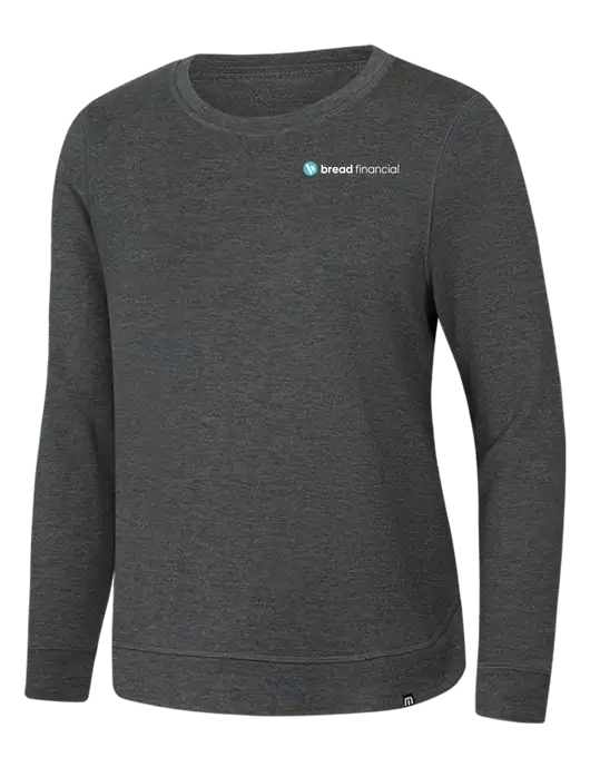 TravisMathew Womens Dark Grey Heather Lightweight Long Weekend Crew w/Bread Financial Logo