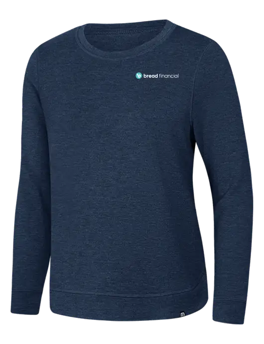 TravisMathew Womens Dark Slate Blue Heather Lightweight Long Weekend Crew w/Bread Financial Logo