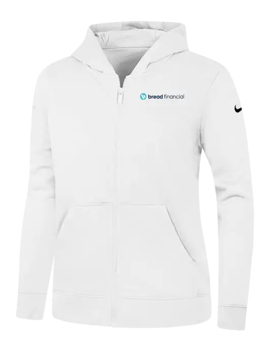 Nike Womens Club Fleece Sleeve Swoosh Full-Zip White Hoodie w/Bread Financial Logo