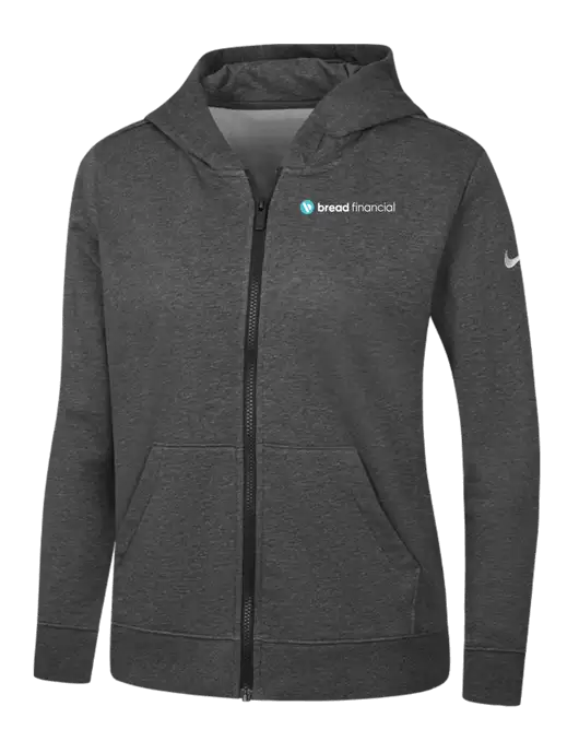 Nike Womens Club Fleece Sleeve Swoosh Full-Zip Charcoal Heather Hoodie w/Bread Financial Logo