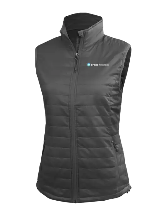 Womens Packable Dark Grey Puffy Vest w/Bread Financial Logo