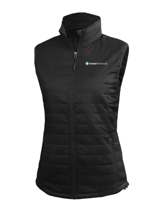 Womens Packable Black Puffy Vest w/Bread Financial Logo