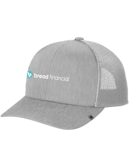 TravisMathew Light Medium Grey Heather Cruz Trucker Cap w/Bread Financial Logo