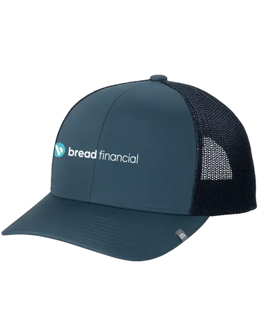 TravisMathew Dark Slate Blue Cruz Trucker Cap w/Bread Financial Logo