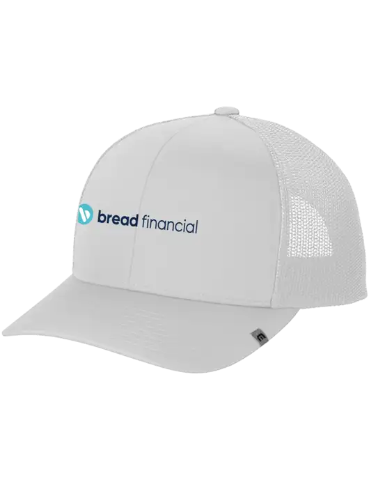 TravisMathew White Cruz Trucker Cap w/Bread Financial Logo