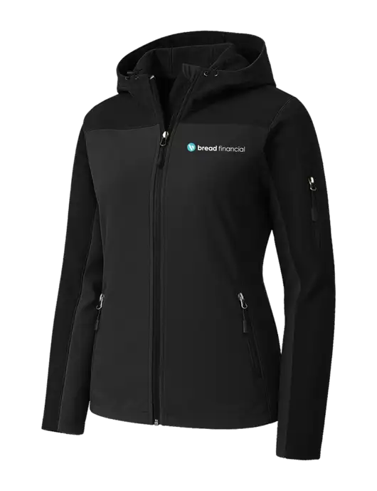 Womens Hooded Core Black Soft Shell Jacket w/Bread Financial Logo