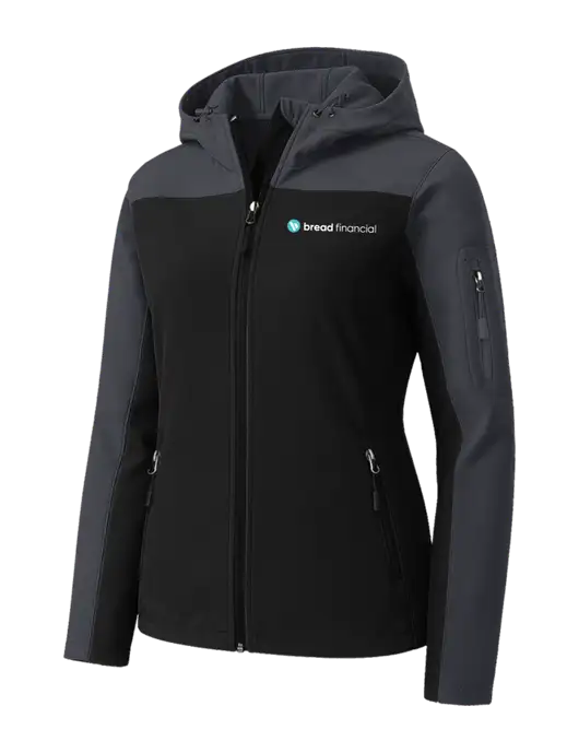 Womens Hooded Core Dark Grey/Black Soft Shell Jacket w/Bread Financial Logo