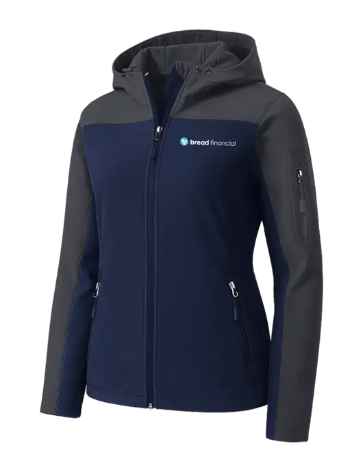 Womens Hooded Core Navy/Dark Grey Soft Shell Jacket w/Bread Financial Logo