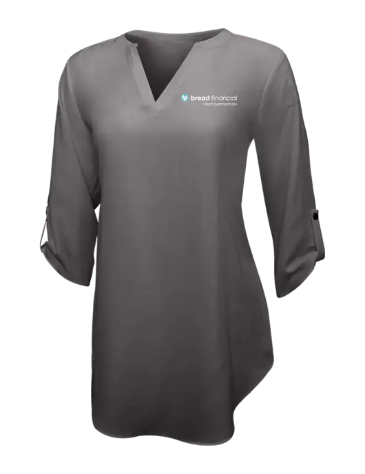 Dark Grey Womens 3/4 Sleeve Tunic Blouse w/Bread Financial Client Partnerships Logo