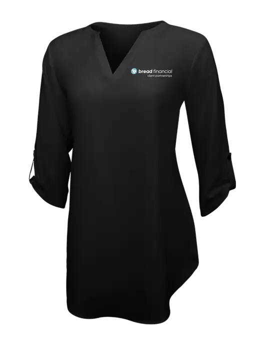Womens Black 3/4 Sleeve Tunic Blouse w/Bread Financial Client Partnerships Logo