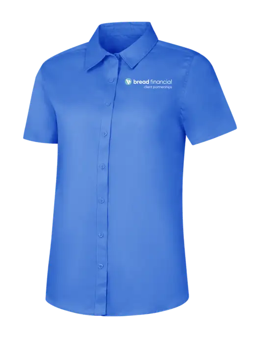 Womens Dark Carolina Blue Short Sleeve Superpro React Twill Shirt w/Bread Financial Client Partnerships Logo